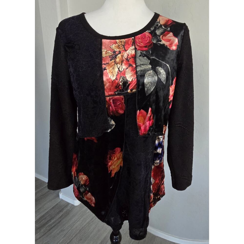 Calessa Velvet Patchwork Floral Leaves Black Panel Burnout Blouse Top Sz S
